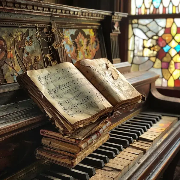 Historic Music Corner Books on a piano